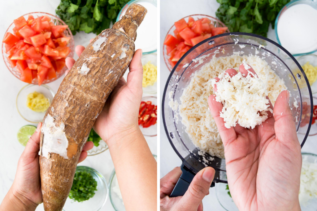 Collage showing a person holding yuca root and what the root looks like when shredded