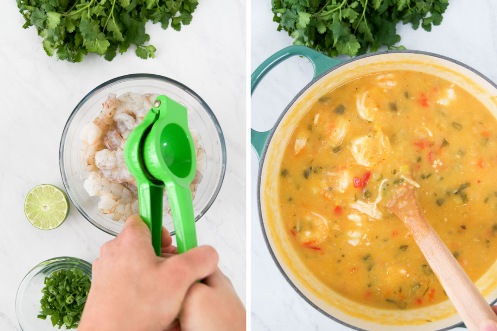 A collage showing how to squeeze lime juice on shrimp and what the shrimp look like when added to stew