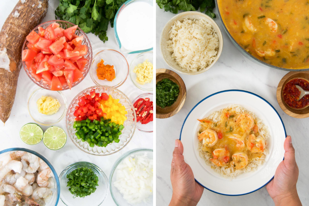 Collage showing vegetables for the recipe and a person holding a bowl of Bobo de camarao over rice