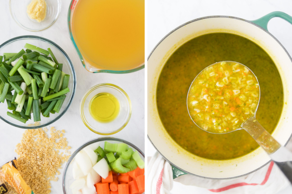 Collage showing soup ingredients in bowls and a ladle full of alphabet soup