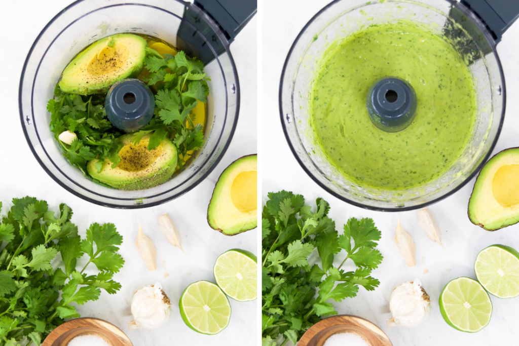 Collage showing how to make Avocado Lime Dressing in a food processor, before and after blending