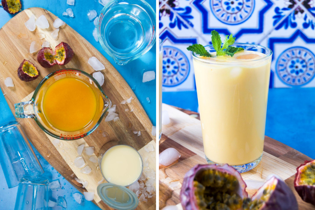 A collage showing ingredients to make a Passion Fruit Cocktail with Vodka and the final passion fruit drink