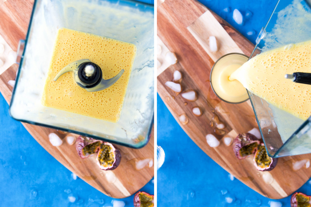 A collage showing a creamy passion fruit drink in a blender and it being poured into a glass
