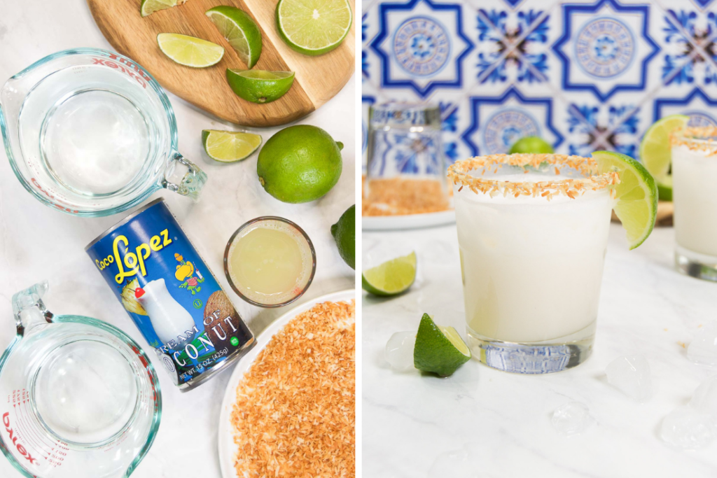 Collage showing coconut cocktail ingredients and a coconut margarita on marble