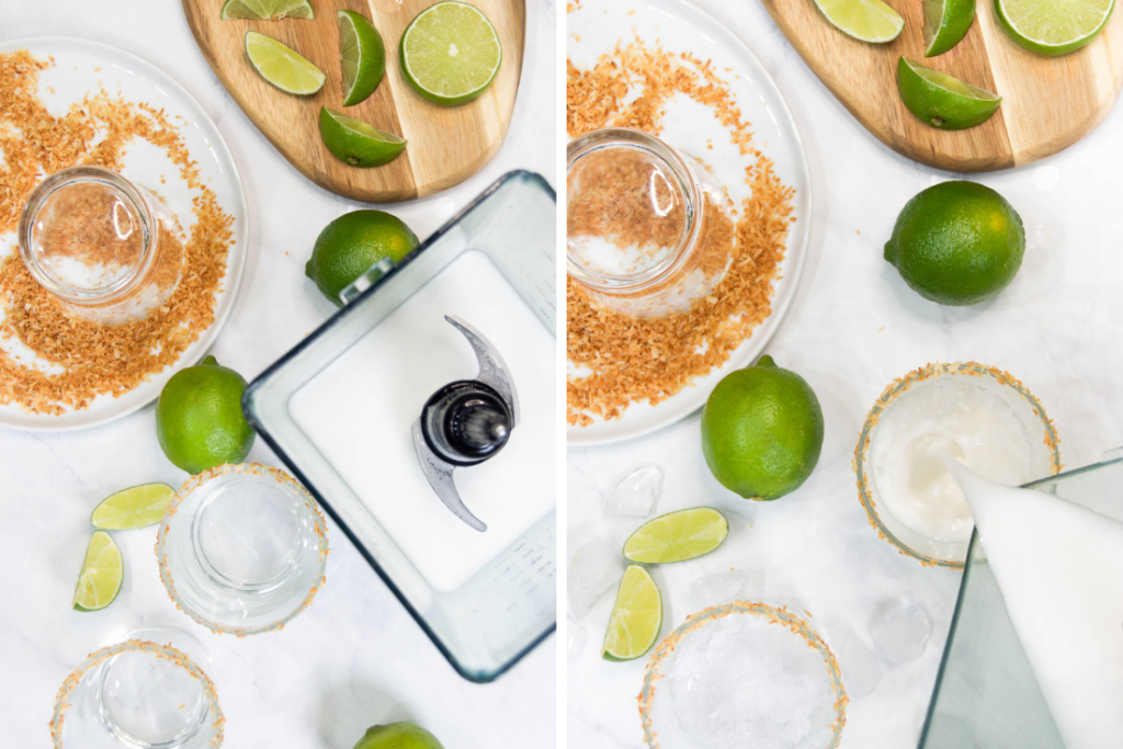 Collage showing coconut margaritas before and after blending