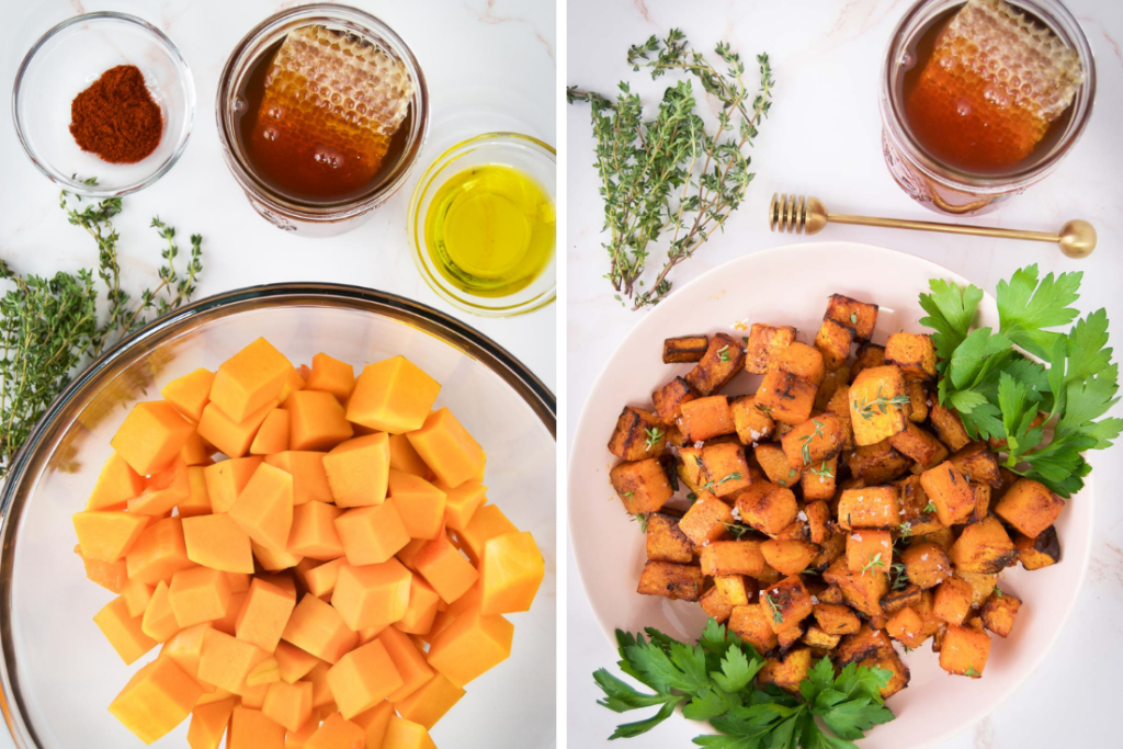 A collage showing butternut squash before and after cooking