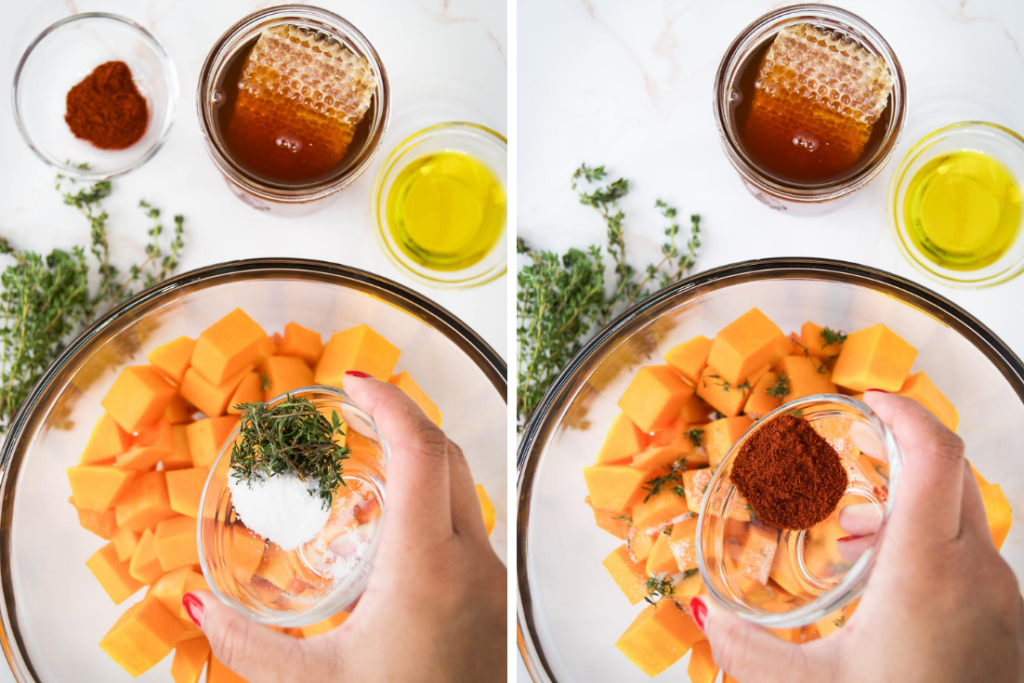A collage of two images showing how to season butternut squash