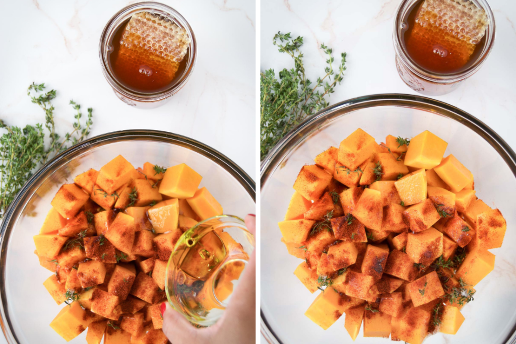 A collage showing olive oil pouring on top of seasoned butternut squash and the squash after tossing