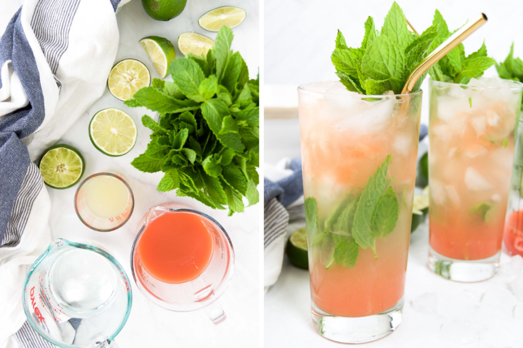 Collage showing Guava Nectar Cocktail and two final cocktails garnished with mint 