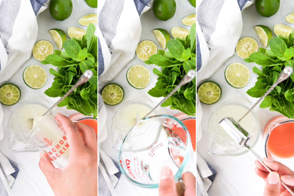 A collage showing how to make the mojito base of the recipe