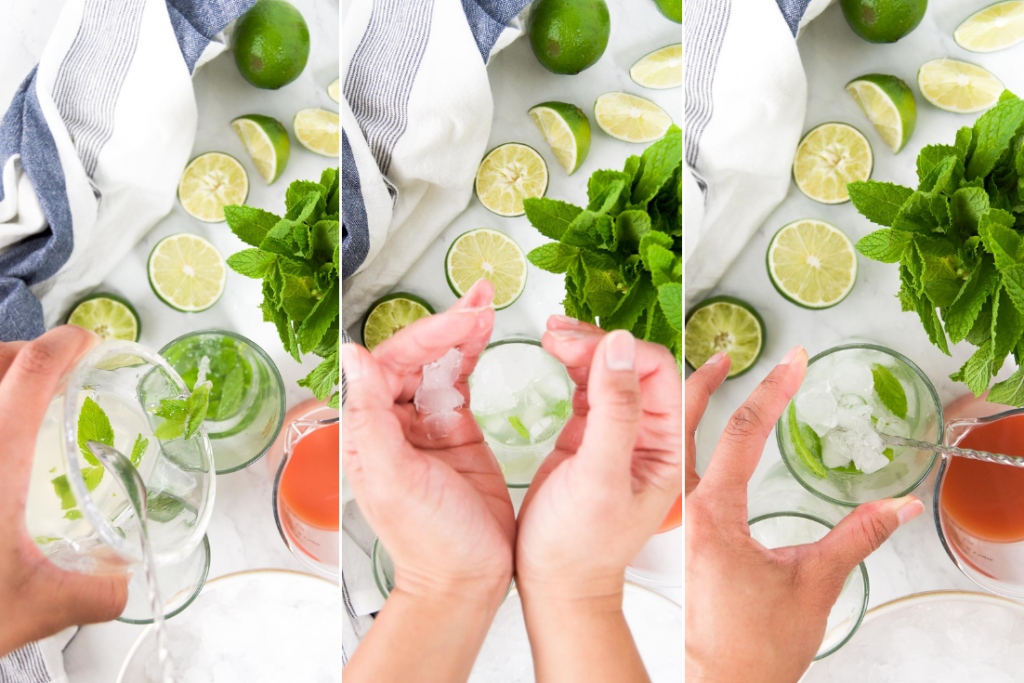 A collage showing how to pour the mojito ingredients into glasses