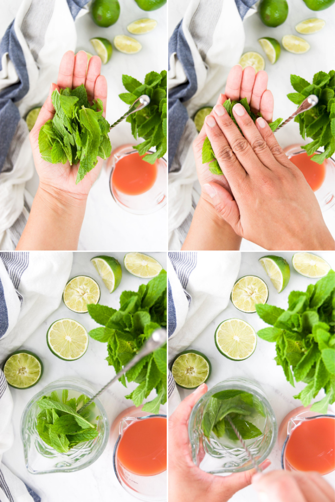 A collage showing how to treat mint for a cocktail with your hands