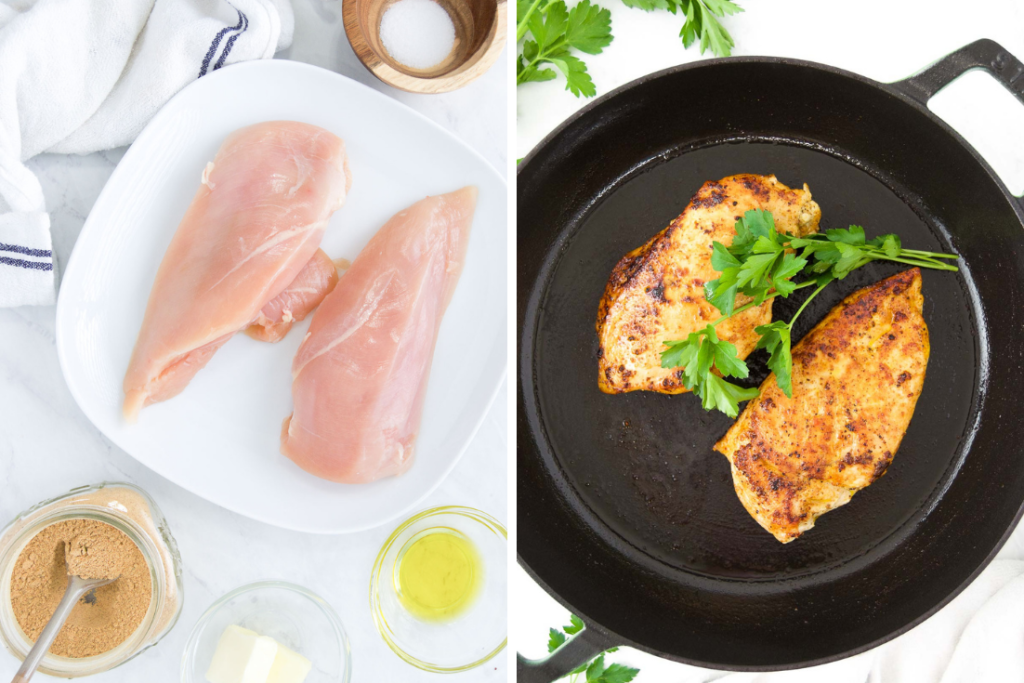 Collage showing raw chicken breasts on a plate and the cooked chicken in a pan