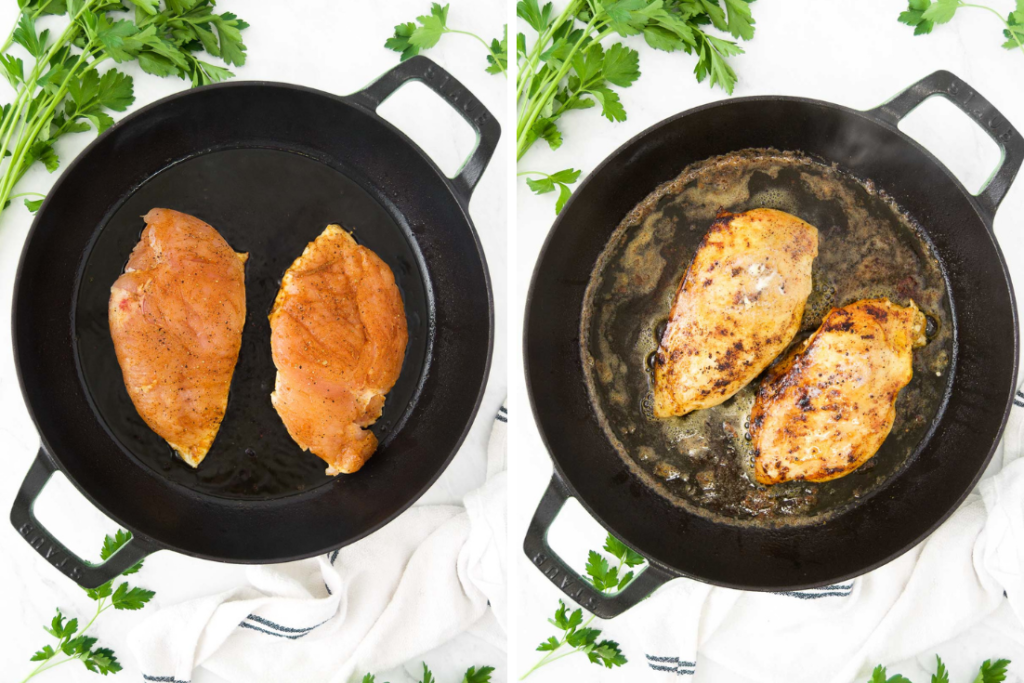 A collage of two chicken breasts in a cast iron skillet before and after flipping