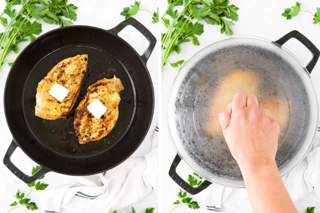 Collage showing chicken breasts with butter in a pan and the pan with a lid on