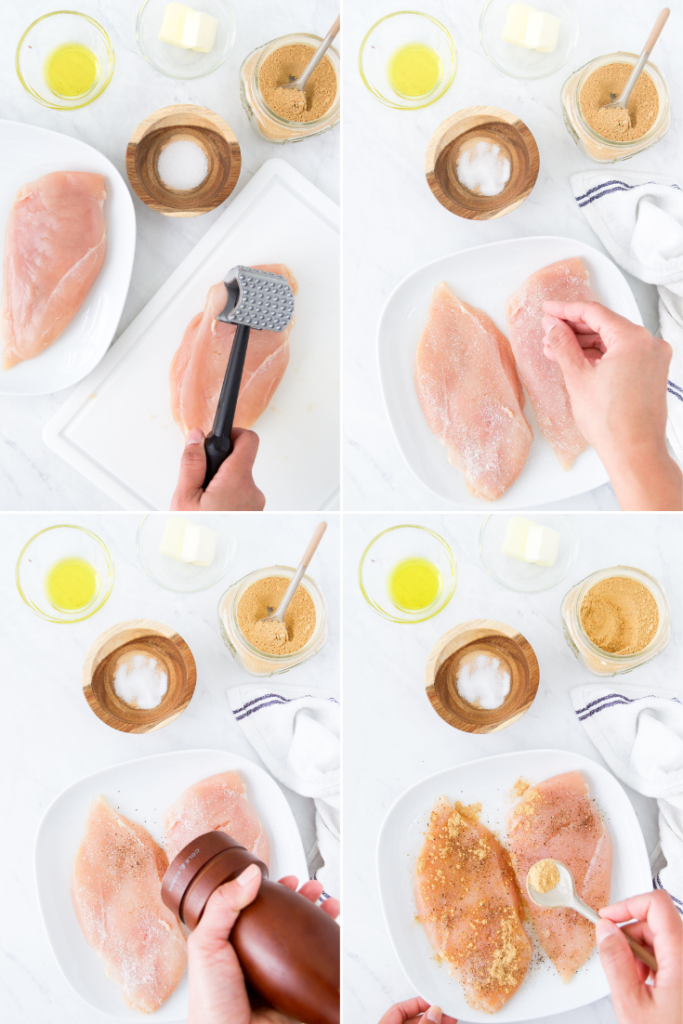 Collage showing how to pound and season chicken breasts