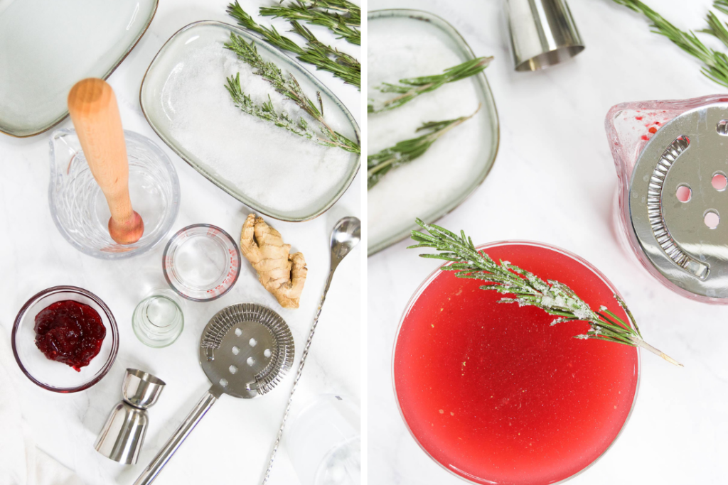 Collage showing cranberry cocktail ingredients and the final cocktail with a rosemary garnish on marble