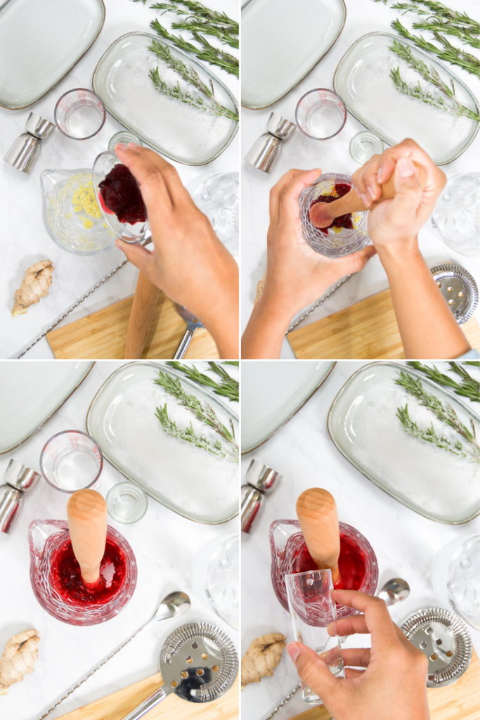 A collage showing how to muddle ginger and cranberry sauce for a cocktail in a cocktail cup