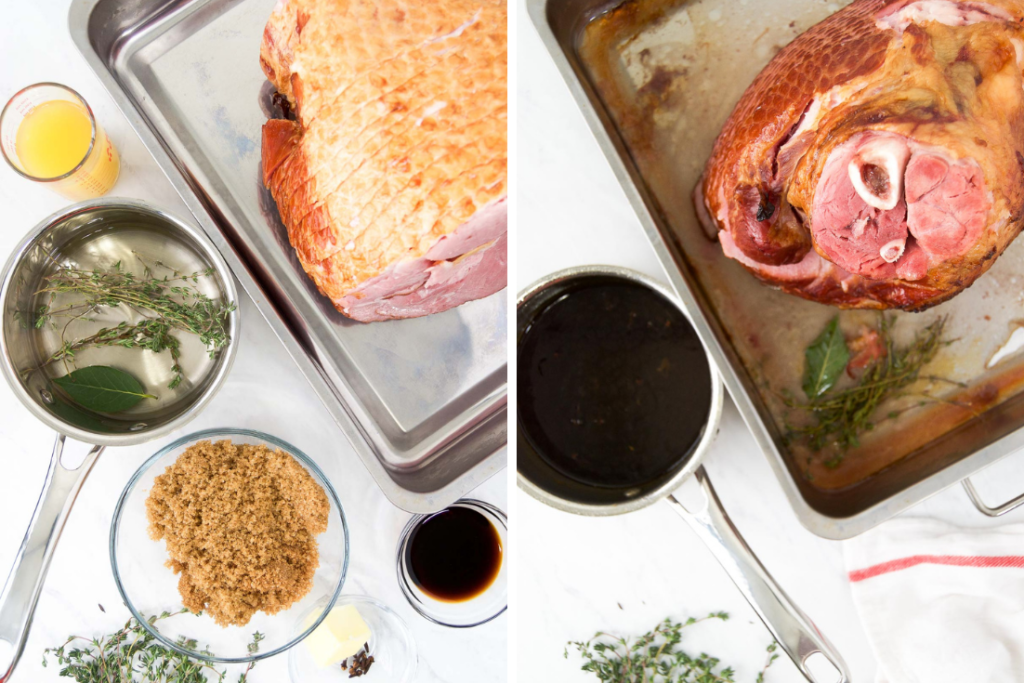 Collage showing ingredients to make a ham glaze and the glaze after making before being brushed onto a ham hock