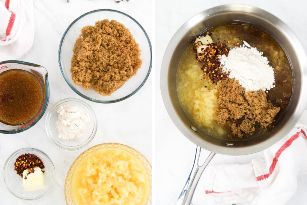 Collage showing how to make pineapple brown sugar glaze for ham