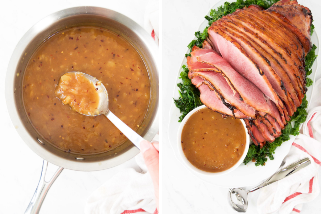 Collage showing the pineapple serving sauce and it next to the baked ham