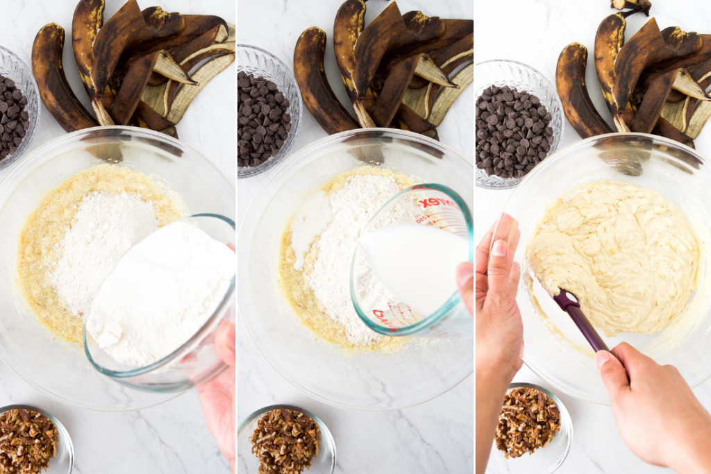 Collage showing how to add in flour and milk to the banana bread batter