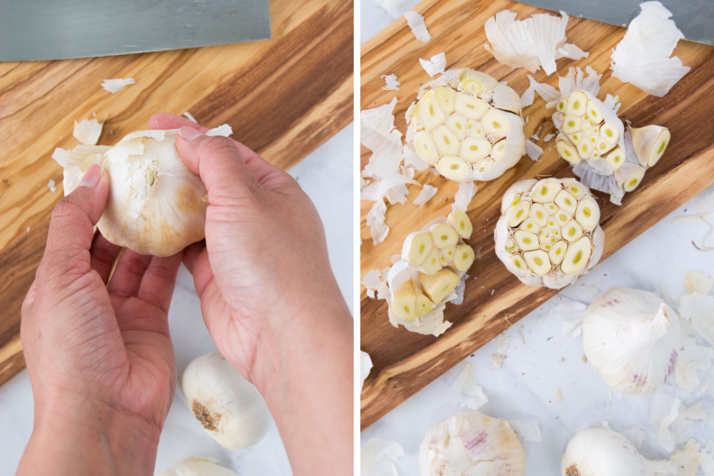 A collage showing two images that illustrate how to peel the papery skin from garlic bulbs and slice the caps off of them