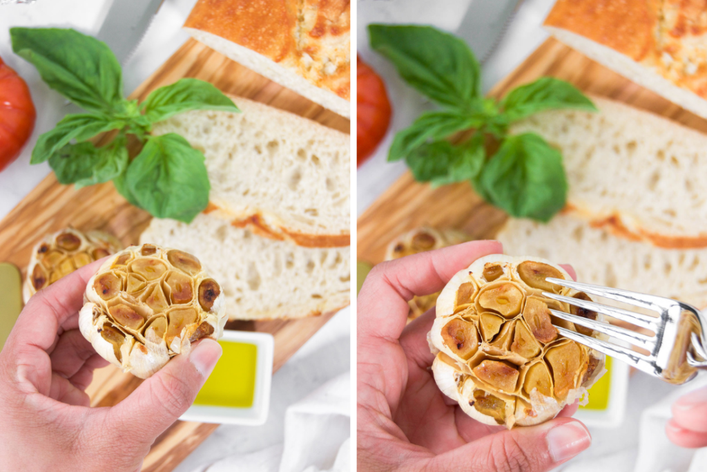 A collage showing two images of a woman holding a roasted garlic clove and how to remove the individual garlic cloves from the bulb with a fork