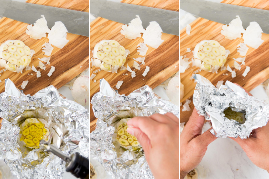A collage of three images showing how to season and oil garlic cloves before roasting in the air fryer