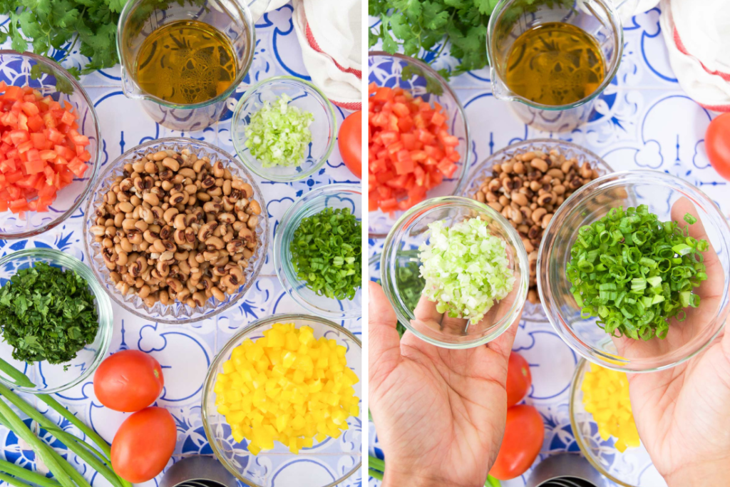 A collage of two ingredients showing ingredients to make Salada de feijão fradinho in bowls