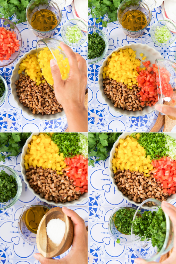 A collage of four images showing how to make a black eyed peas salad recipe