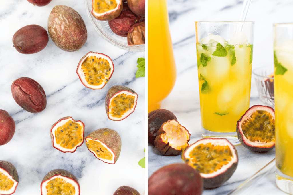 Collage showing sliced open purple passion fruit and passion fruit juice in two cups on marble