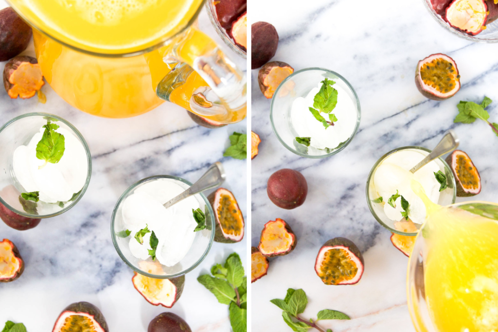 Collage showing two images with passion fruit juice and glasses filled with ice and mint