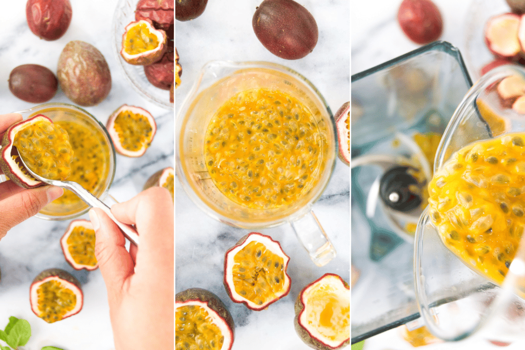 Collage showing how to open, scoop and then blend passion fruit to make puree