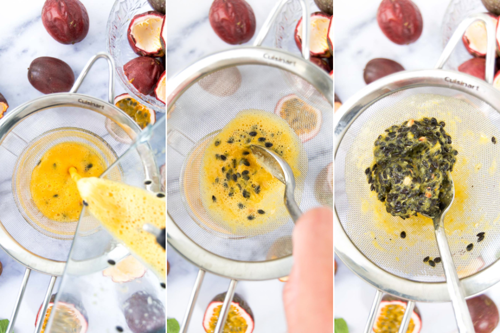 Collage showing how to strain the seeds away from passion fruit puree