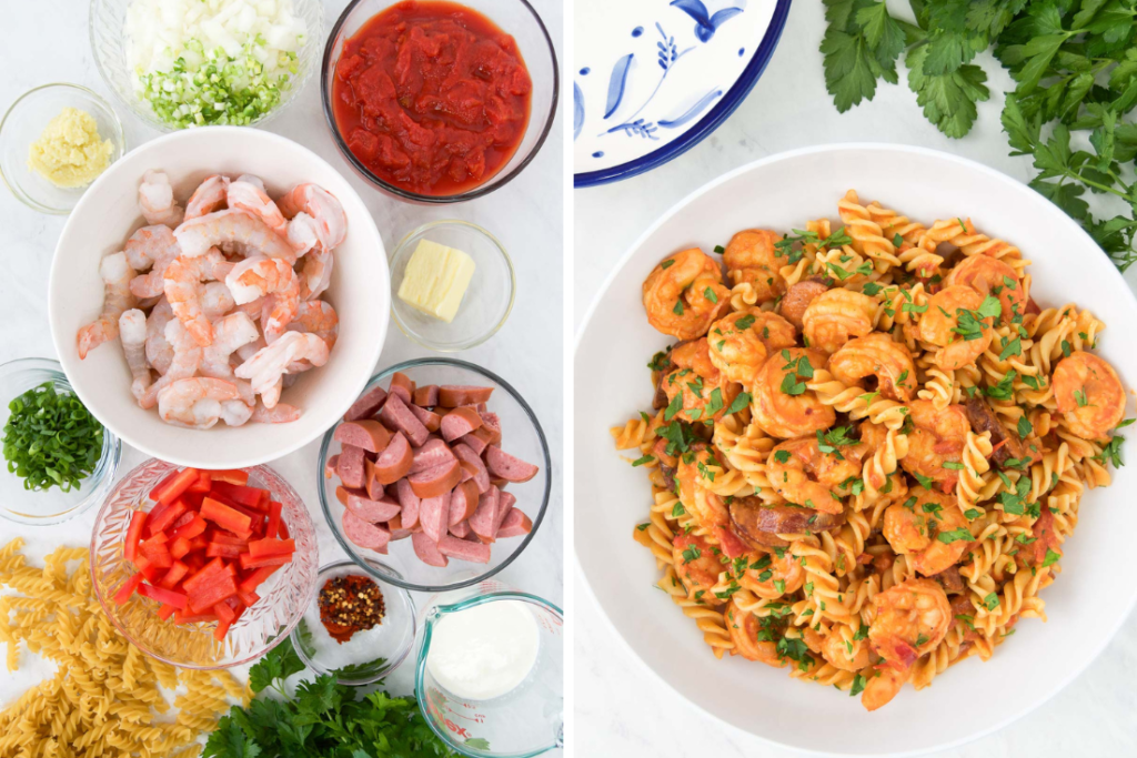 Collage showing ingredients to make shrimp and sausage pasta, as well as the final dish in a patterned blue bowl