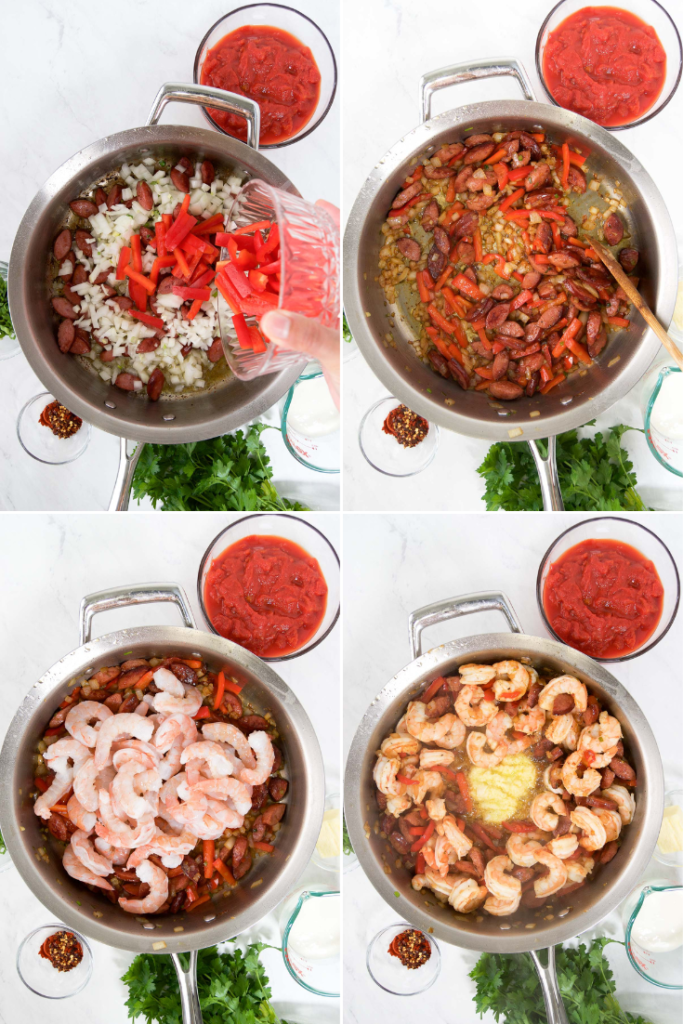 Collage showing how to layer flavors in this recipe for sausage and shrimp pasta