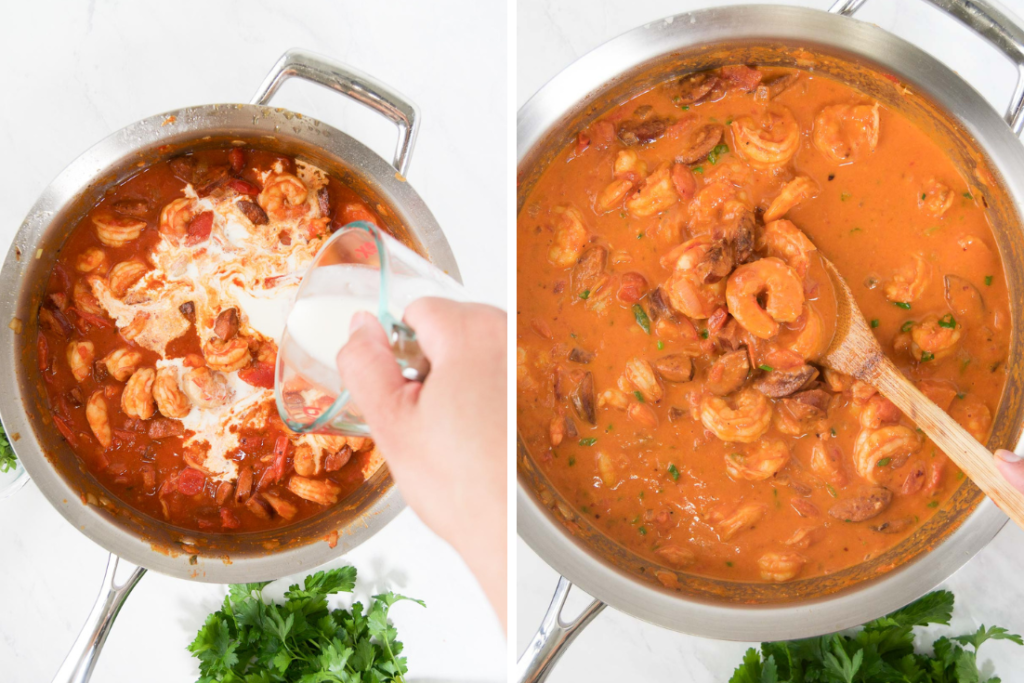 Collage of two images showing how to finish the shrimp and sausage pasta recipe