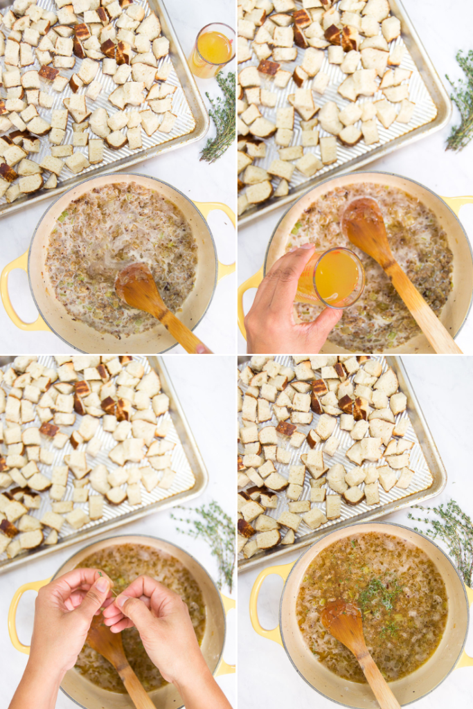 Collage showing how to deglaze the pan with beer and how to bring the ingredients together for pretzel stuffing