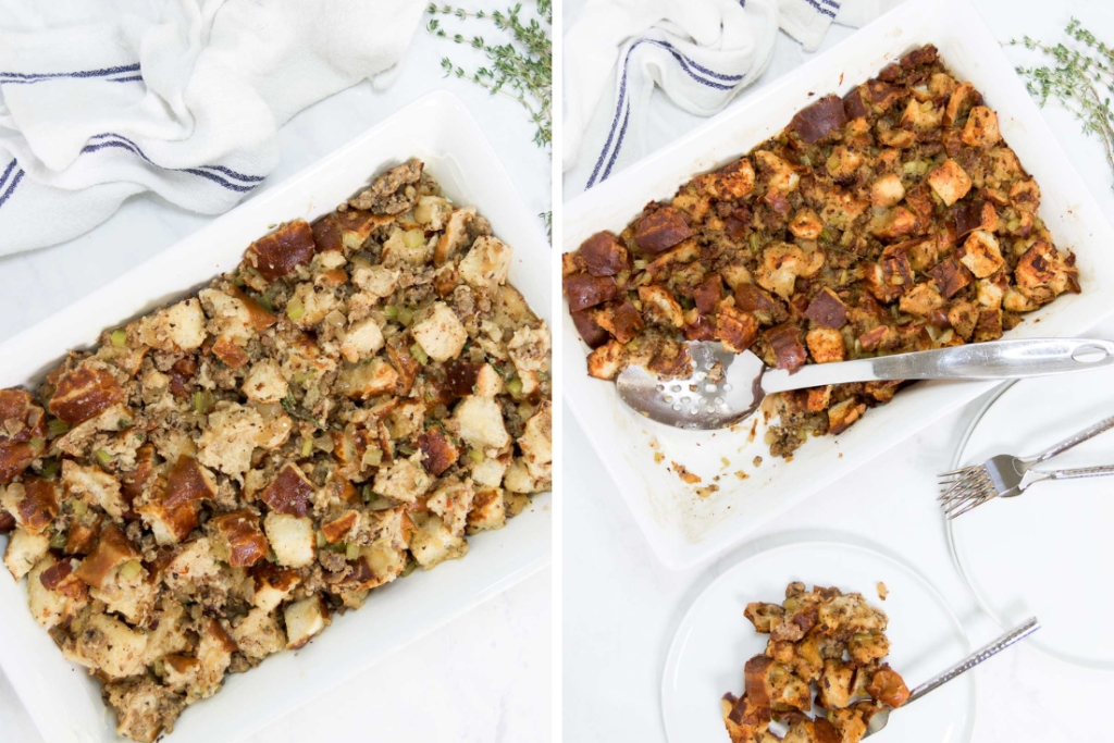 Collage showing the Pretzel Sausage Stuffing before and after baking on a tablescape