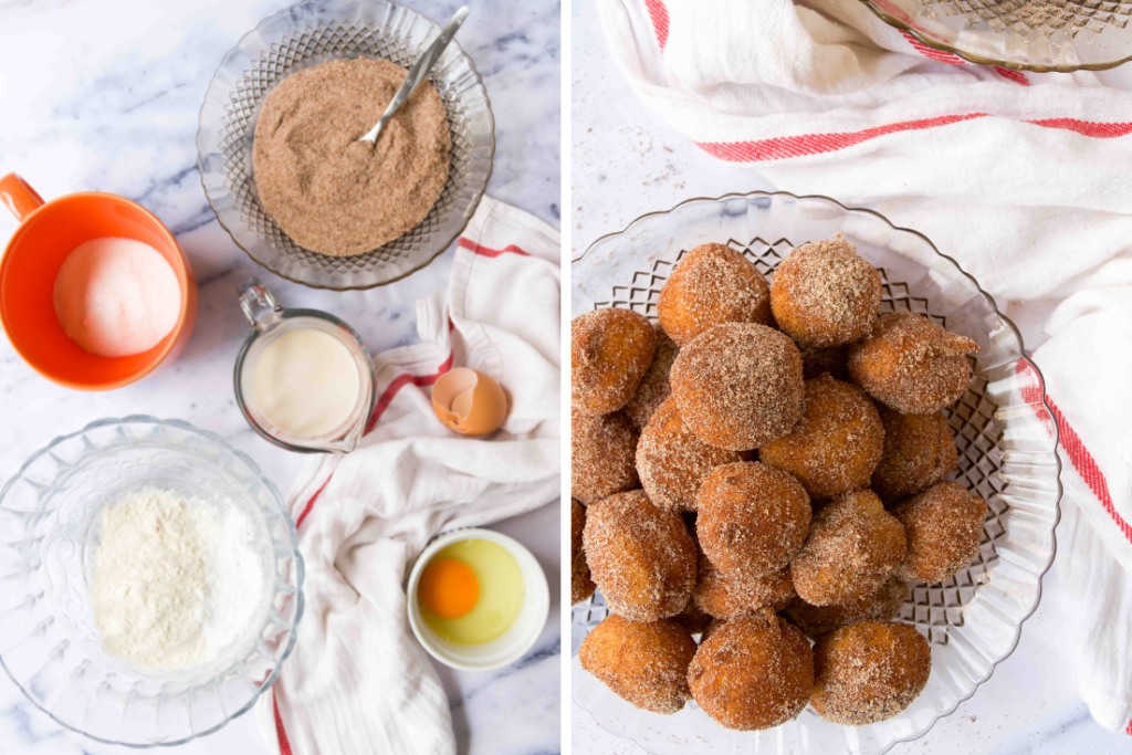 A collage showing ingredients to make mini funnel cakes and the final bite sized Brazilian donuts on a glass plate