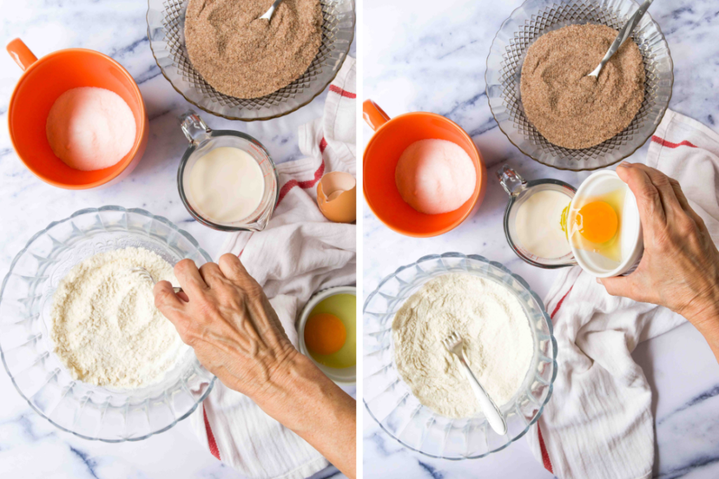 A collage of two images showing how to mix dry ingredients and how to mix wet ingredients to make mini Brazilian donut bites