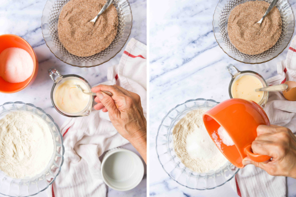 A collage of two images showing how to mix wet ingredients and how to pour them into dry ingredients to make mini funnel cake balls