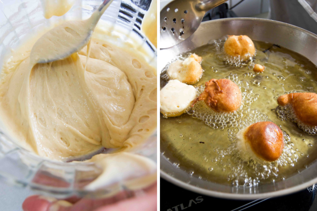 A collage of two ingredients showing funnel cake bite batter and the balls frying in a pan of oil