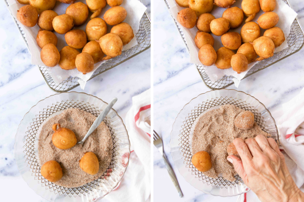 A collage of two images showing how to toss funnel cake bites in cinnamon-sugar after frying