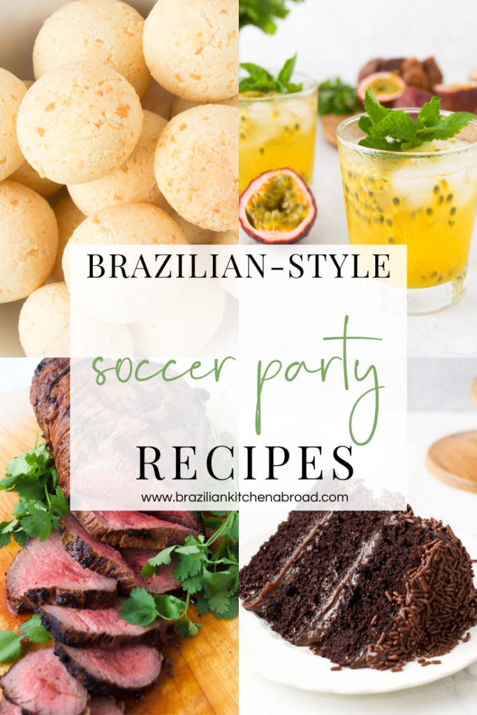 A compilation of four images that illustrate Brazilian soccer party food ideas - cheese bread, a passion fruit cocktail, sliced tri tip and a slice of brigadeiro cake.