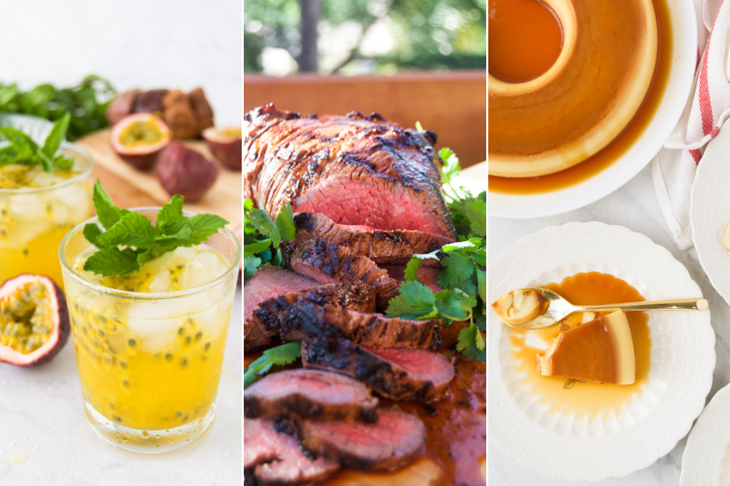 A compilation of three images that illustrate Brazilian soccer party foods - a passion fruit cocktail, sliced tri tip and Brazilian flan.