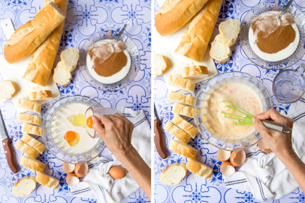 A collage of two images showing how to combine and mix the eggy milk mixture to dip Rabanada in before cooking