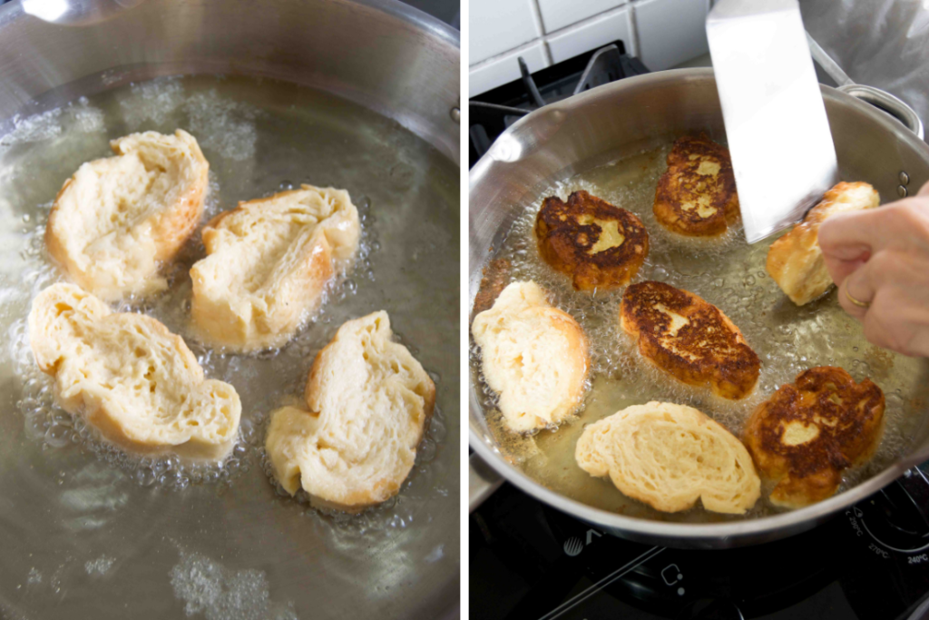 Collage of two images showing how to fry Rabanada in a skillet