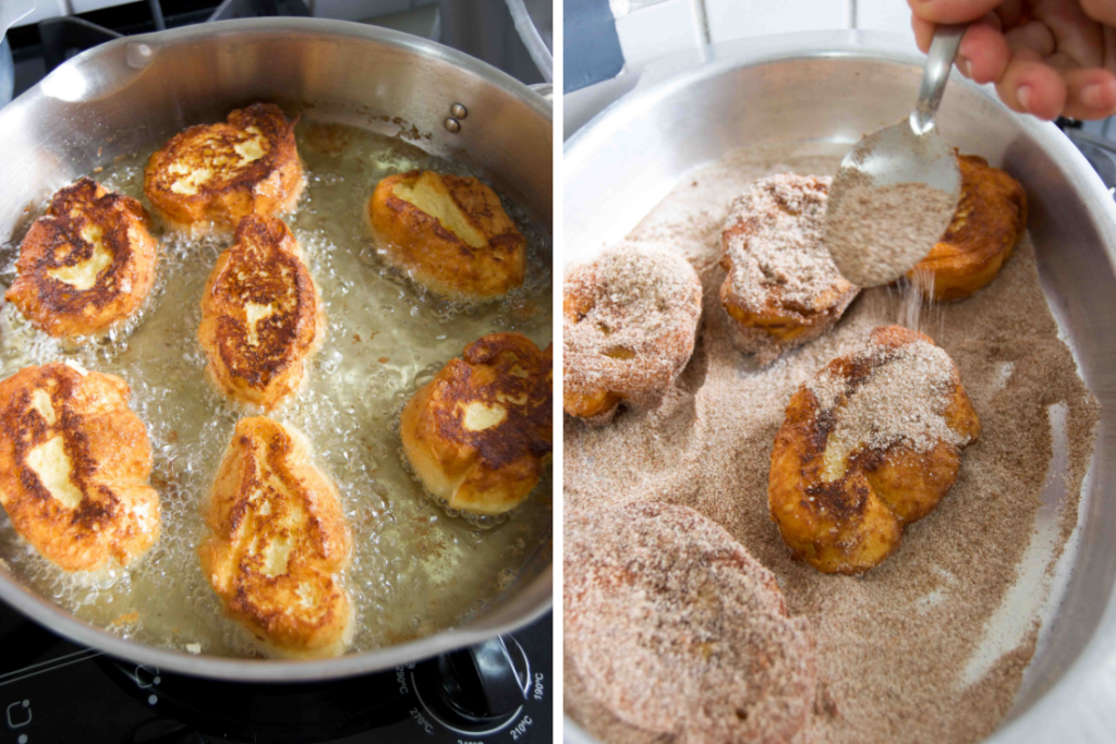 Collage of two images showing the final Rabanada slices in a frying pan and how to coat them in cinnamon-sugar